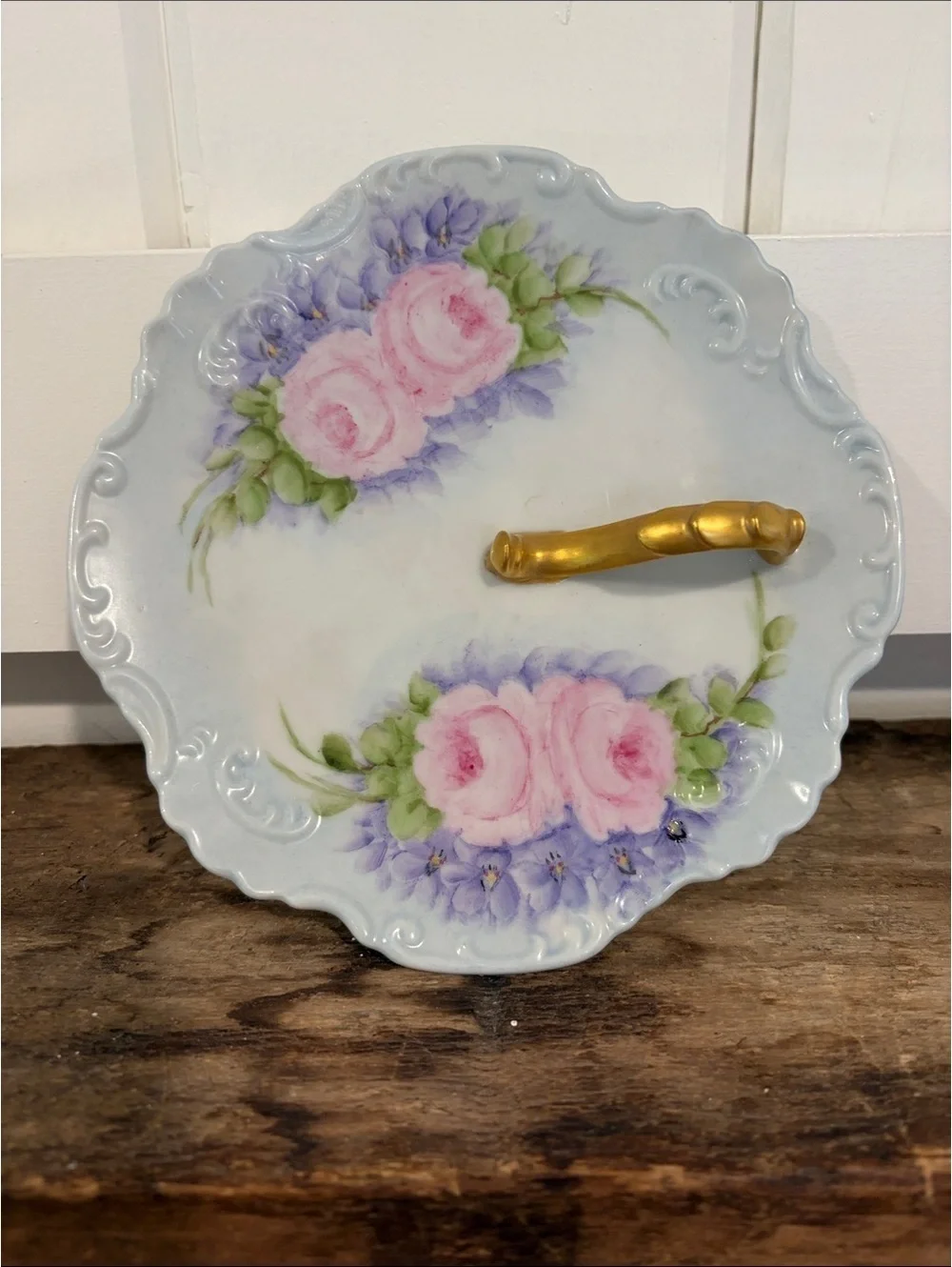 Floral Hand-Painted Porcelain Lemon Plate with Gold Handle